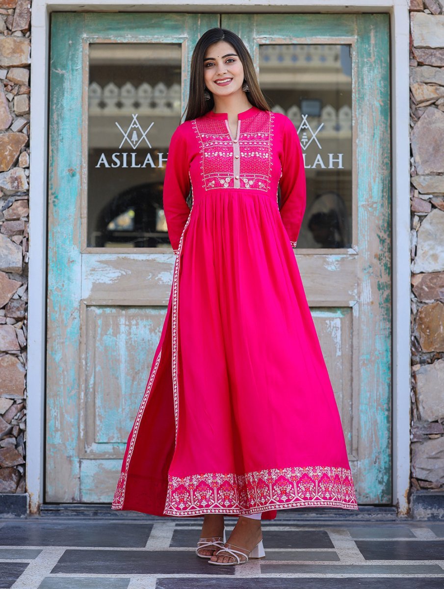 Rayon Printed Pink Side Slit Long Ethnic Dress – Grace in Every Step - swadeshsouq.com