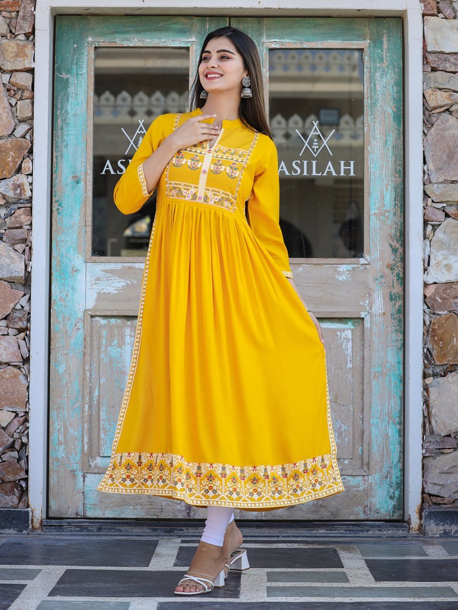 Rayon Printed Yellow Side Slit Long Ethnic Dress – Radiate in Style - swadeshsouq.com