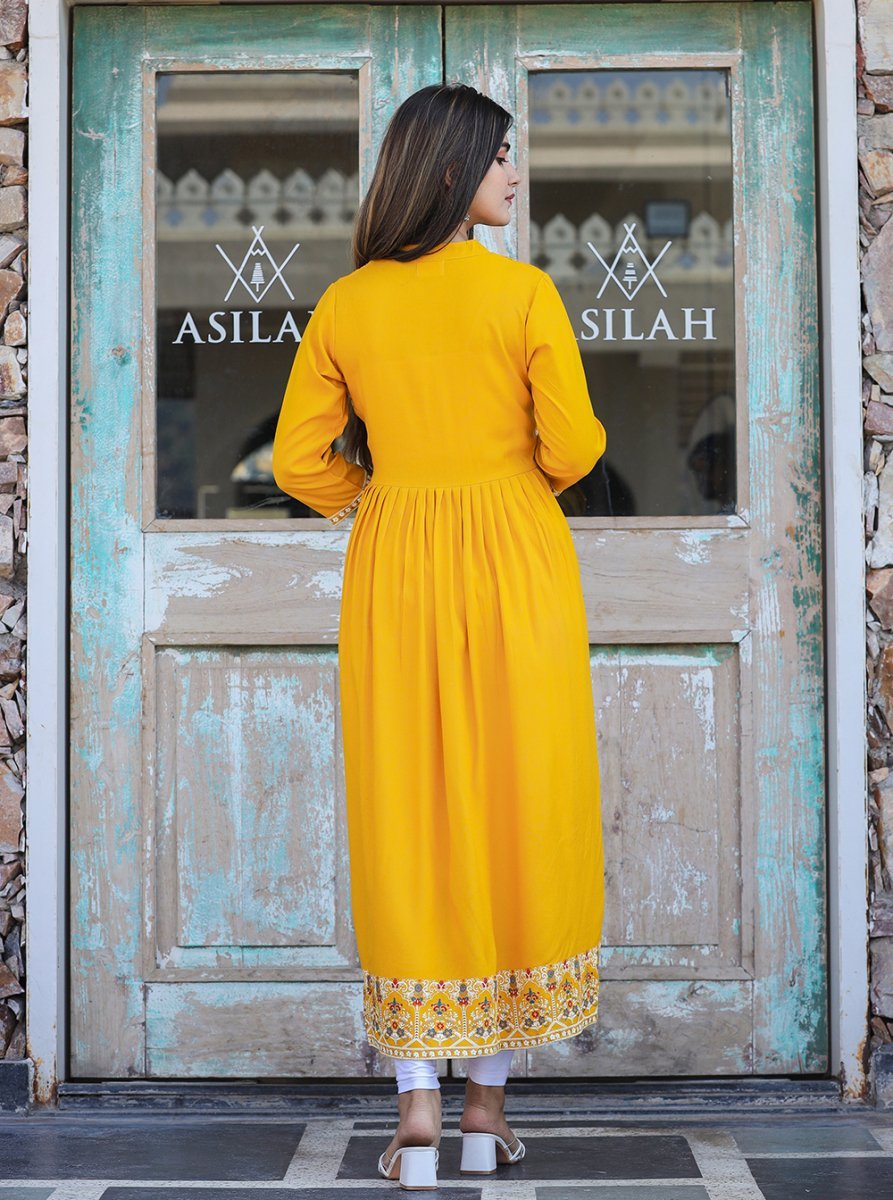 Rayon Printed Yellow Side Slit Long Ethnic Dress – Radiate in Style - swadeshsouq.com