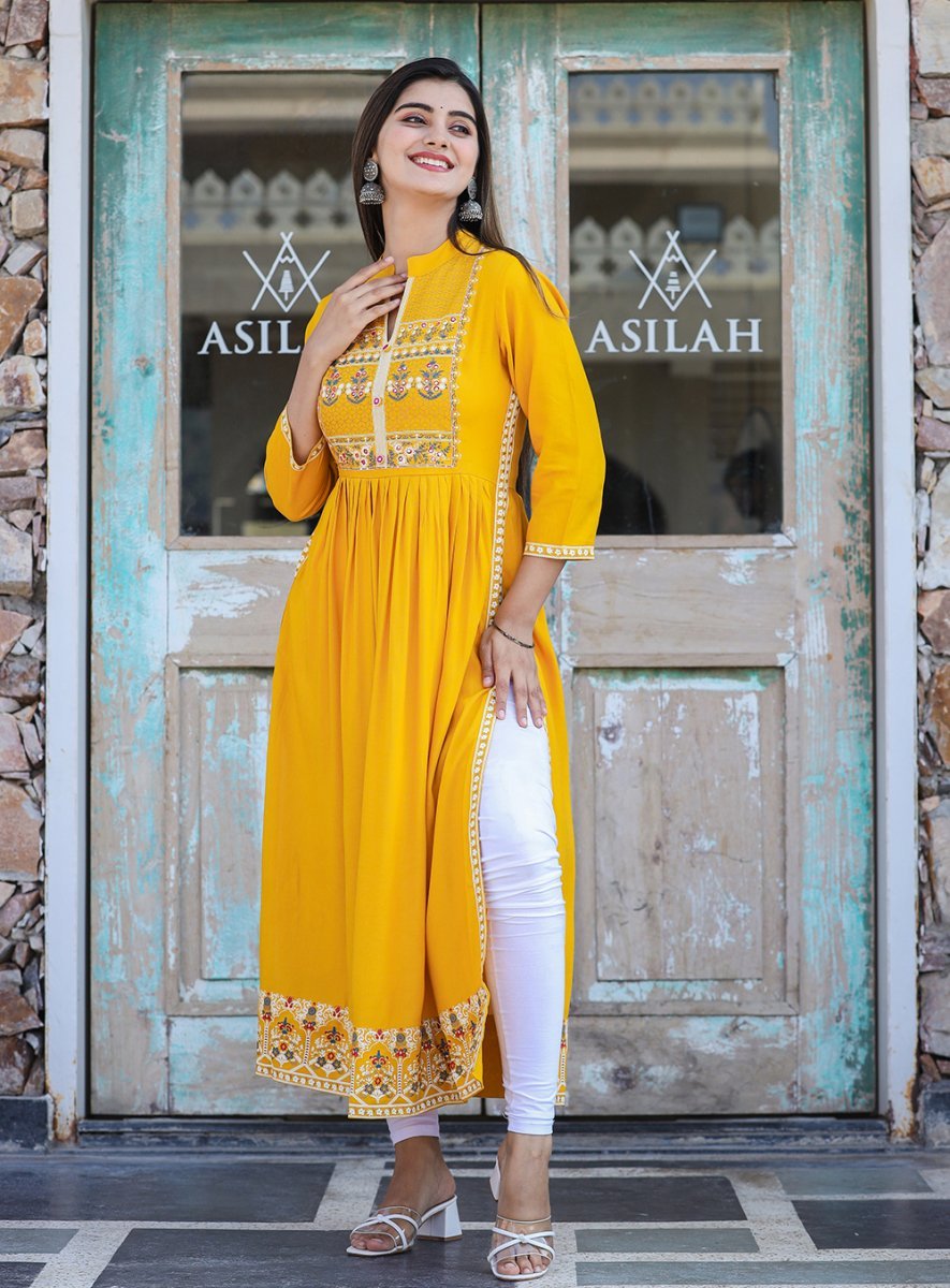 Rayon Printed Yellow Side Slit Long Ethnic Dress – Radiate in Style - swadeshsouq.com