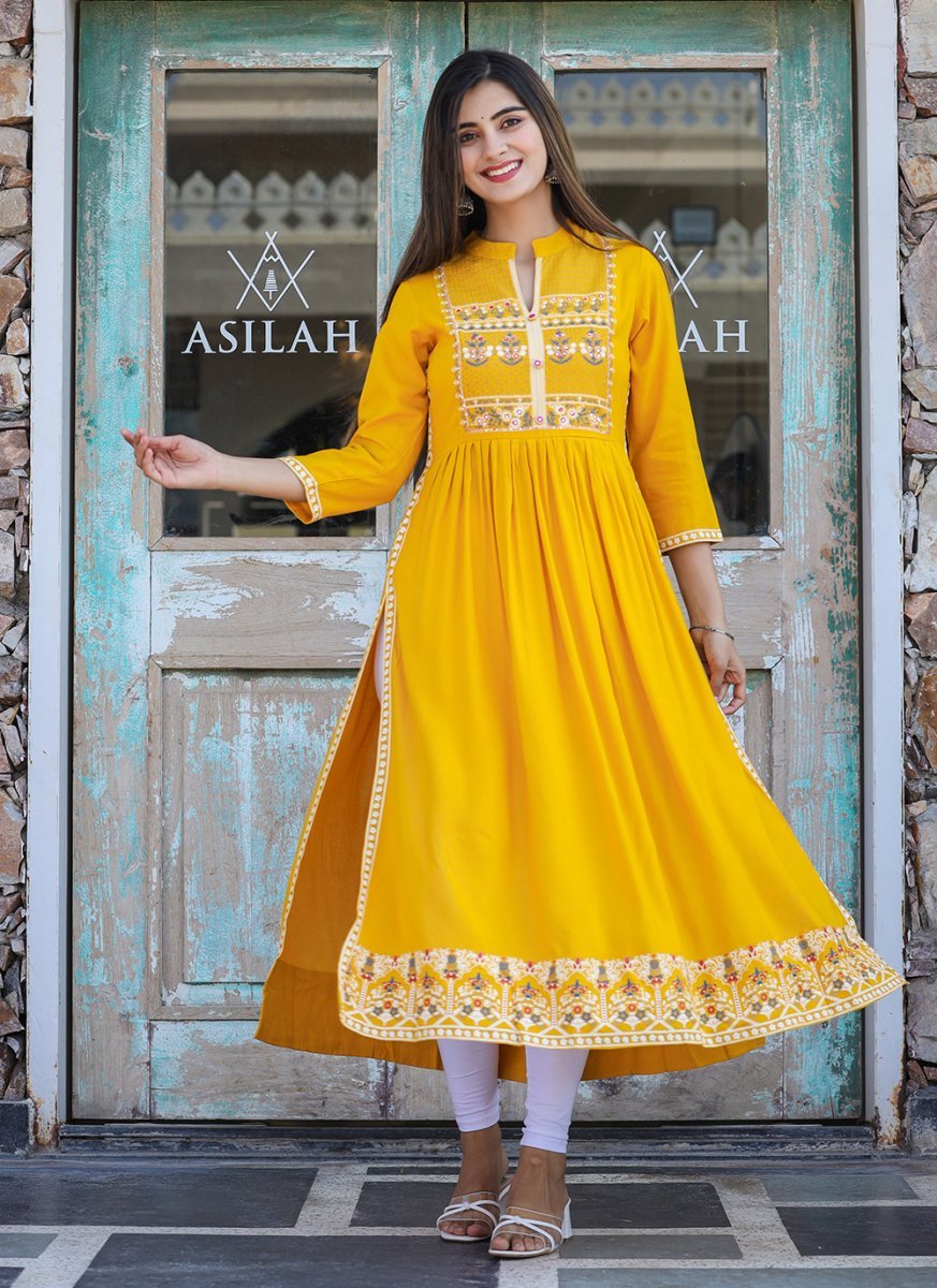 Rayon Printed Yellow Side Slit Long Ethnic Dress – Radiate in Style - swadeshsouq.com