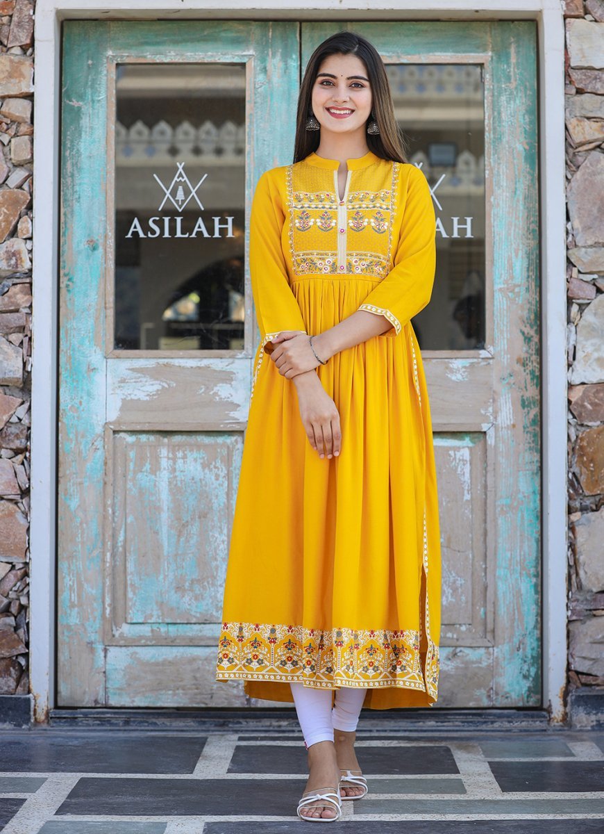 Rayon Printed Yellow Side Slit Long Ethnic Dress – Radiate in Style - swadeshsouq.com