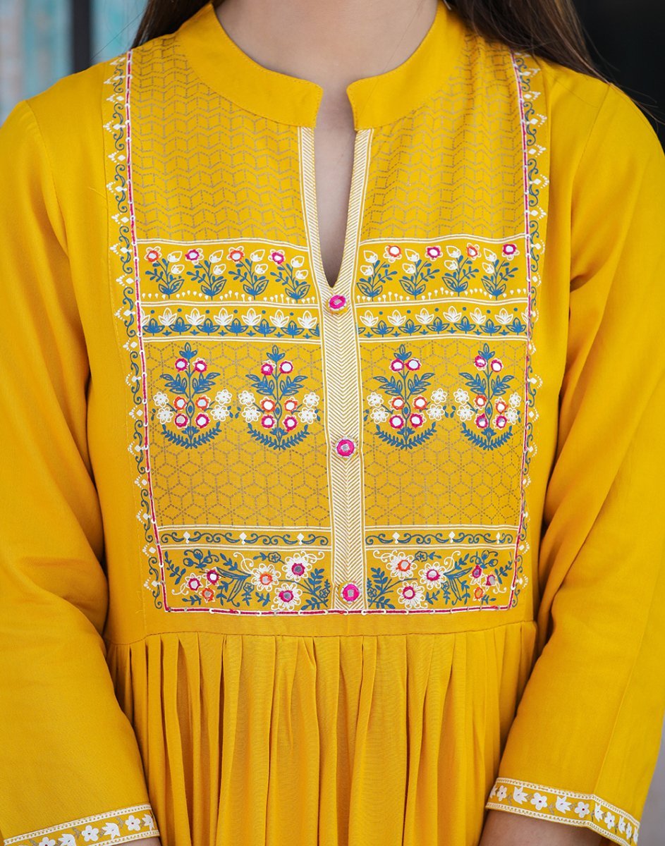 Rayon Printed Yellow Side Slit Long Ethnic Dress – Radiate in Style - swadeshsouq.com