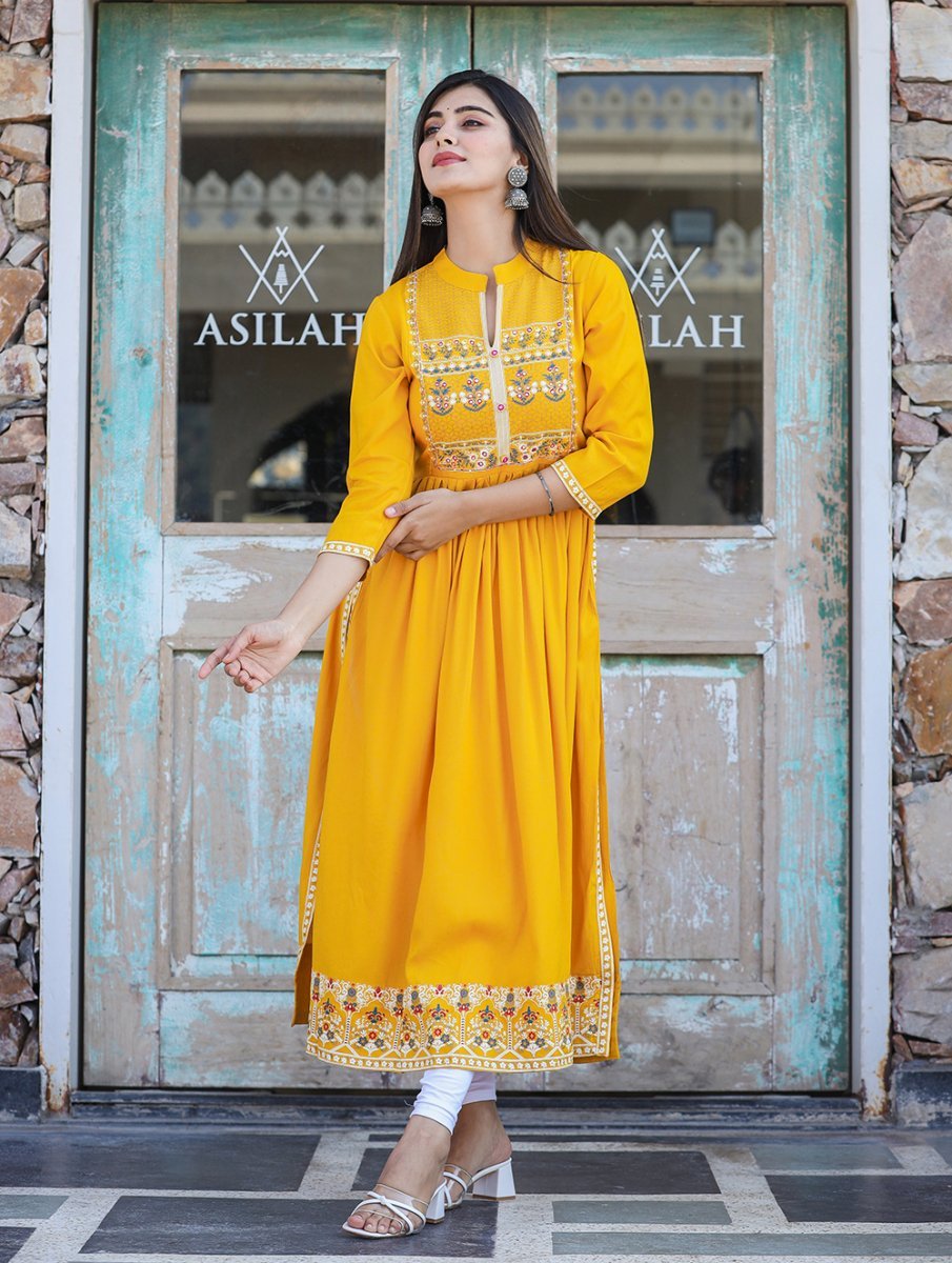 Rayon Printed Yellow Side Slit Long Ethnic Dress – Radiate in Style - swadeshsouq.com