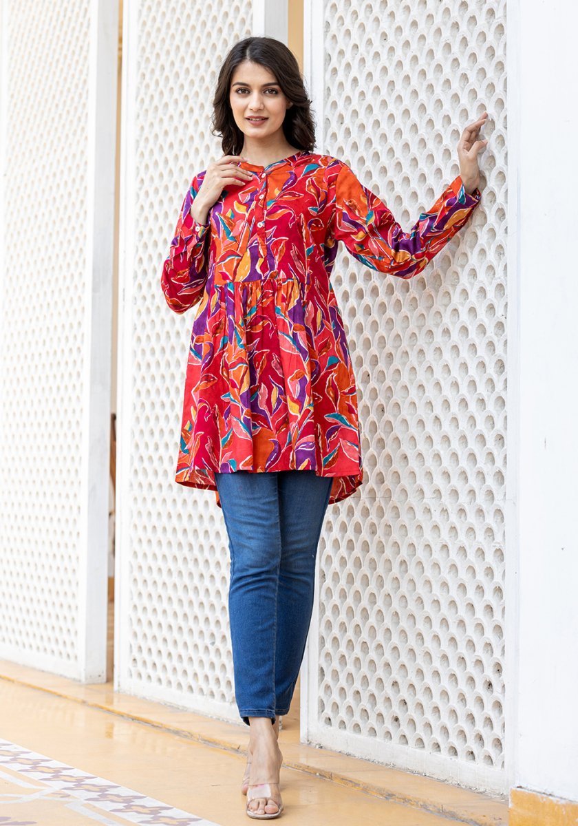 Red Bloom Floral Printed Butter Cotton Top - swadeshsouq.com