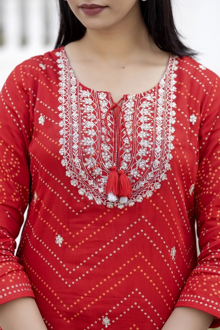 Red Embroidered Cotton Kurta Sharara Set with Dupatta – Radiant and Refined - swadeshsouq.com