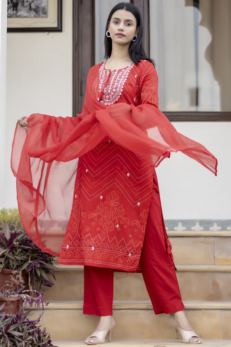 Red Embroidered Cotton Kurta Sharara Set with Dupatta – Radiant and Refined - swadeshsouq.com