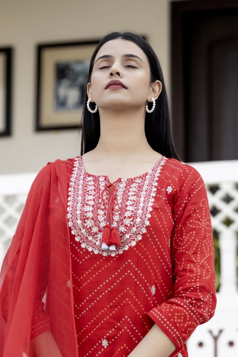 Red Embroidered Cotton Kurta Sharara Set with Dupatta – Radiant and Refined - swadeshsouq.com