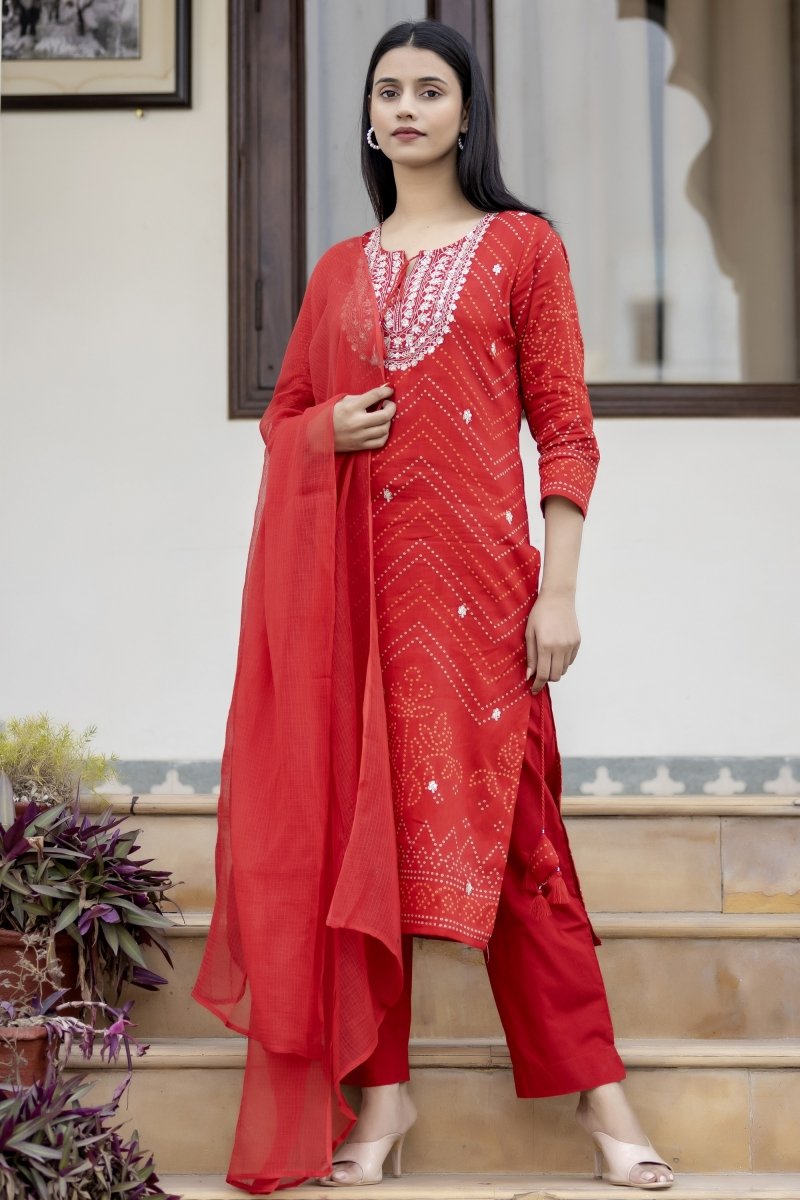 Red Embroidered Cotton Kurta Sharara Set with Dupatta – Radiant and Refined - swadeshsouq.com