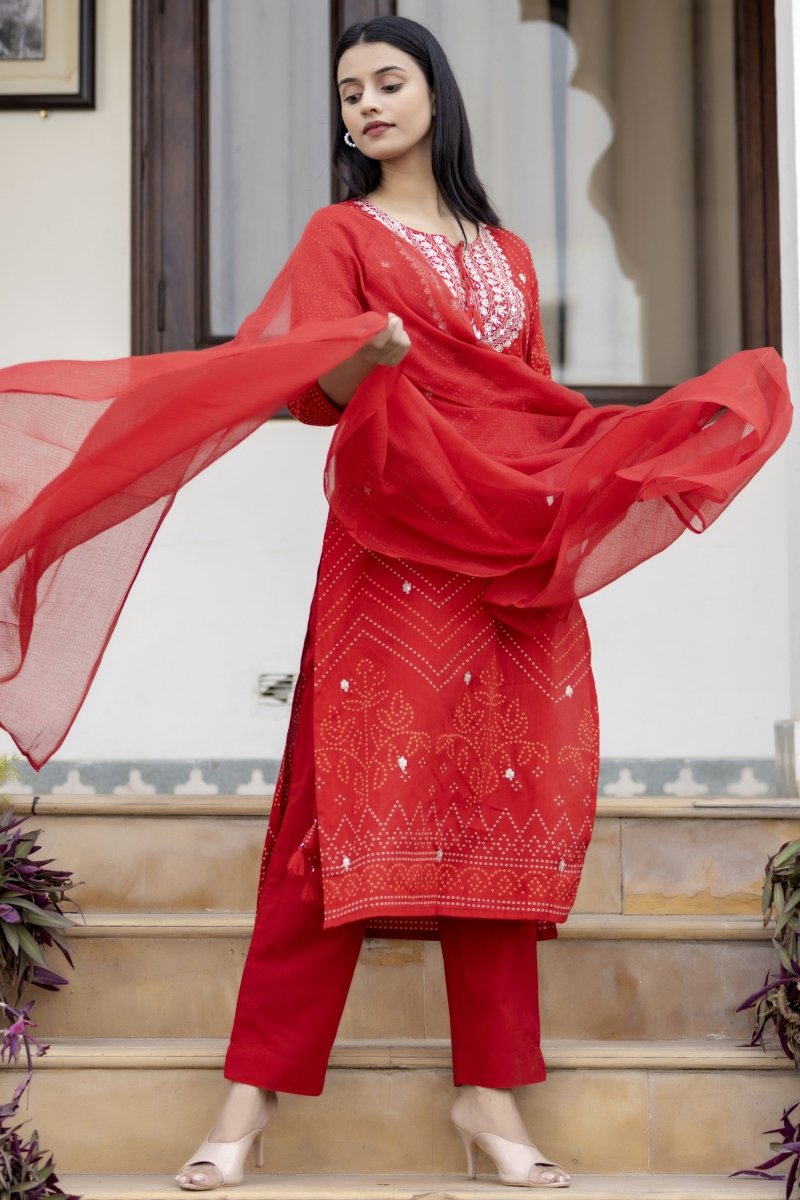 Red Embroidered Cotton Kurta Sharara Set with Dupatta – Radiant and Refined - swadeshsouq.com