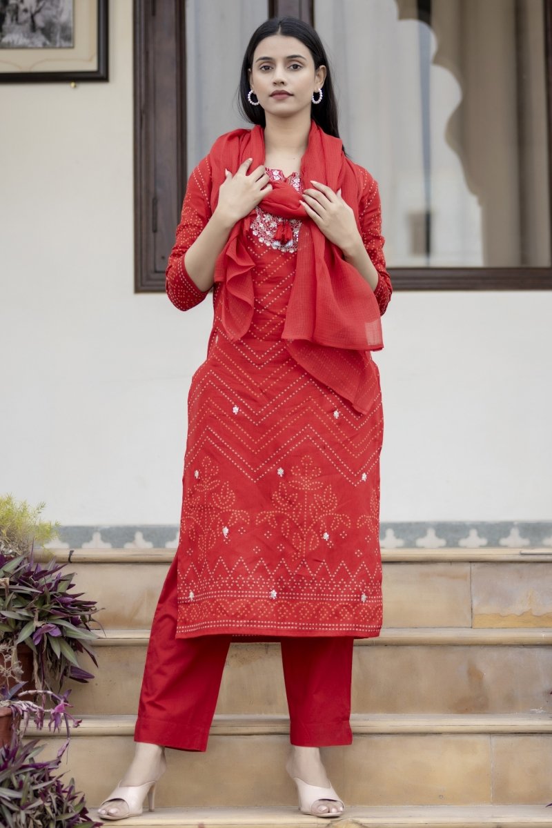 Red Embroidered Cotton Kurta Sharara Set with Dupatta – Radiant and Refined - swadeshsouq.com