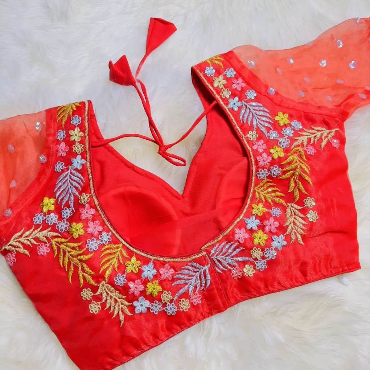 Red Floral Embroidered Organza Blouse - swadeshsouq.com