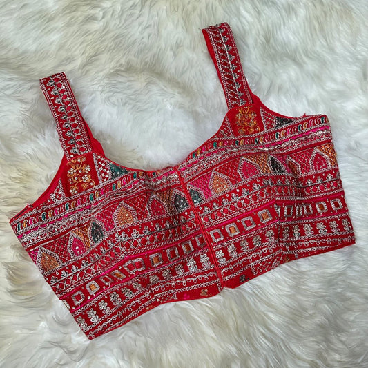 Red Georgette Blouse with All - Over Multicolor Rajasthani Embroidery | Sleeveless (Fits 32–40) - swadeshsouq.com