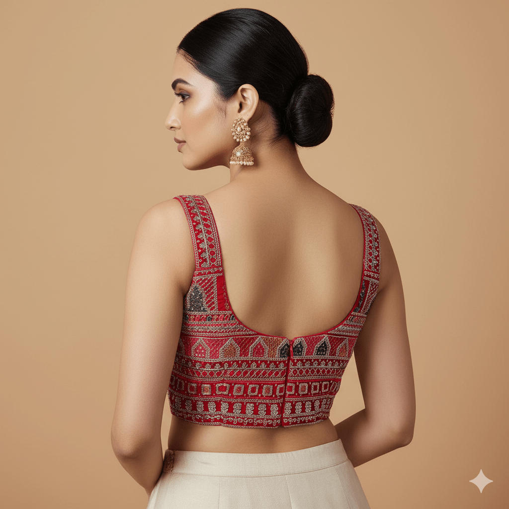 Red Georgette Blouse with All - Over Multicolor Rajasthani Embroidery | Sleeveless (Fits 32–40) - swadeshsouq.com