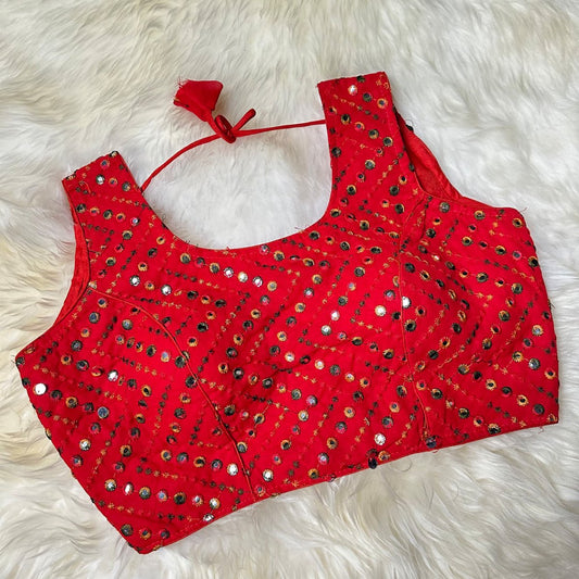 Red Georgette Blouse with Multicolour Mirror Work (Size 32–36) - swadeshsouq.com