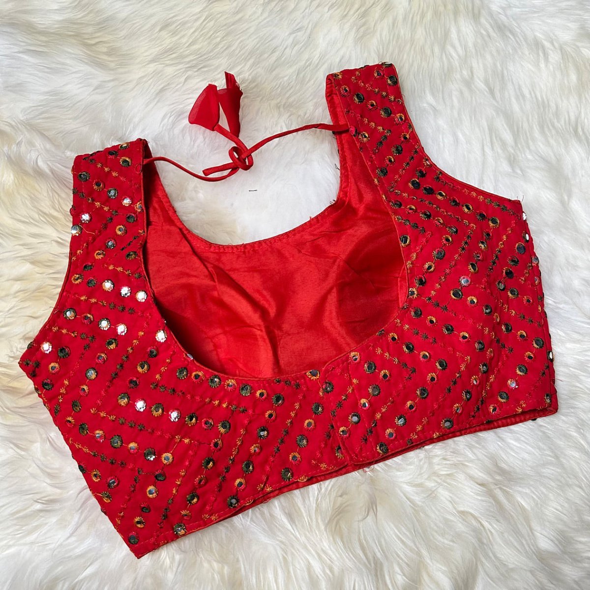 Red Georgette Blouse with Multicolour Mirror Work (Size 32–36) - swadeshsouq.com