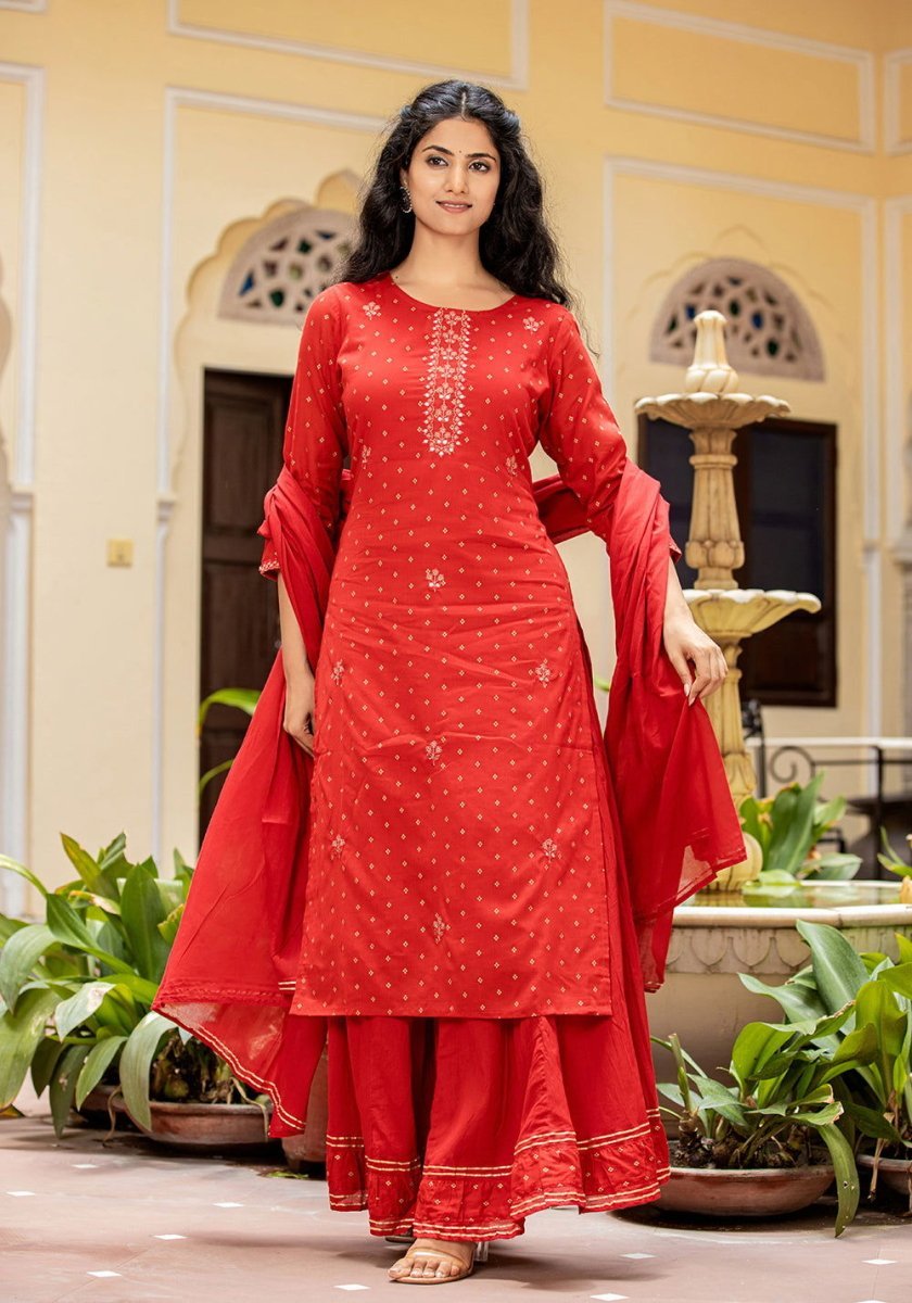 Red Gold Printed Cotton Kurta Sharara Set with Dupatta – Regal Elegance and Festive Charm - swadeshsouq.com