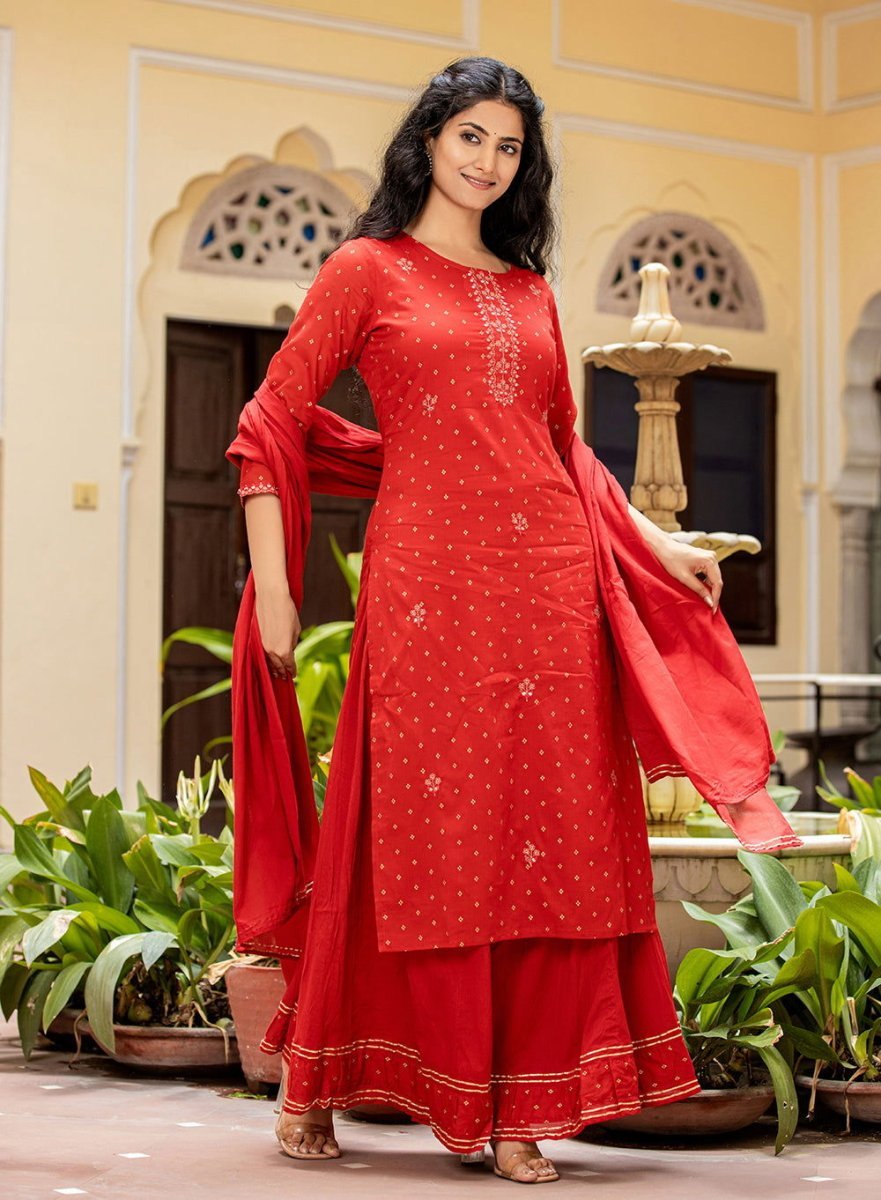 Red Gold Printed Cotton Kurta Sharara Set with Dupatta – Regal Elegance and Festive Charm - swadeshsouq.com