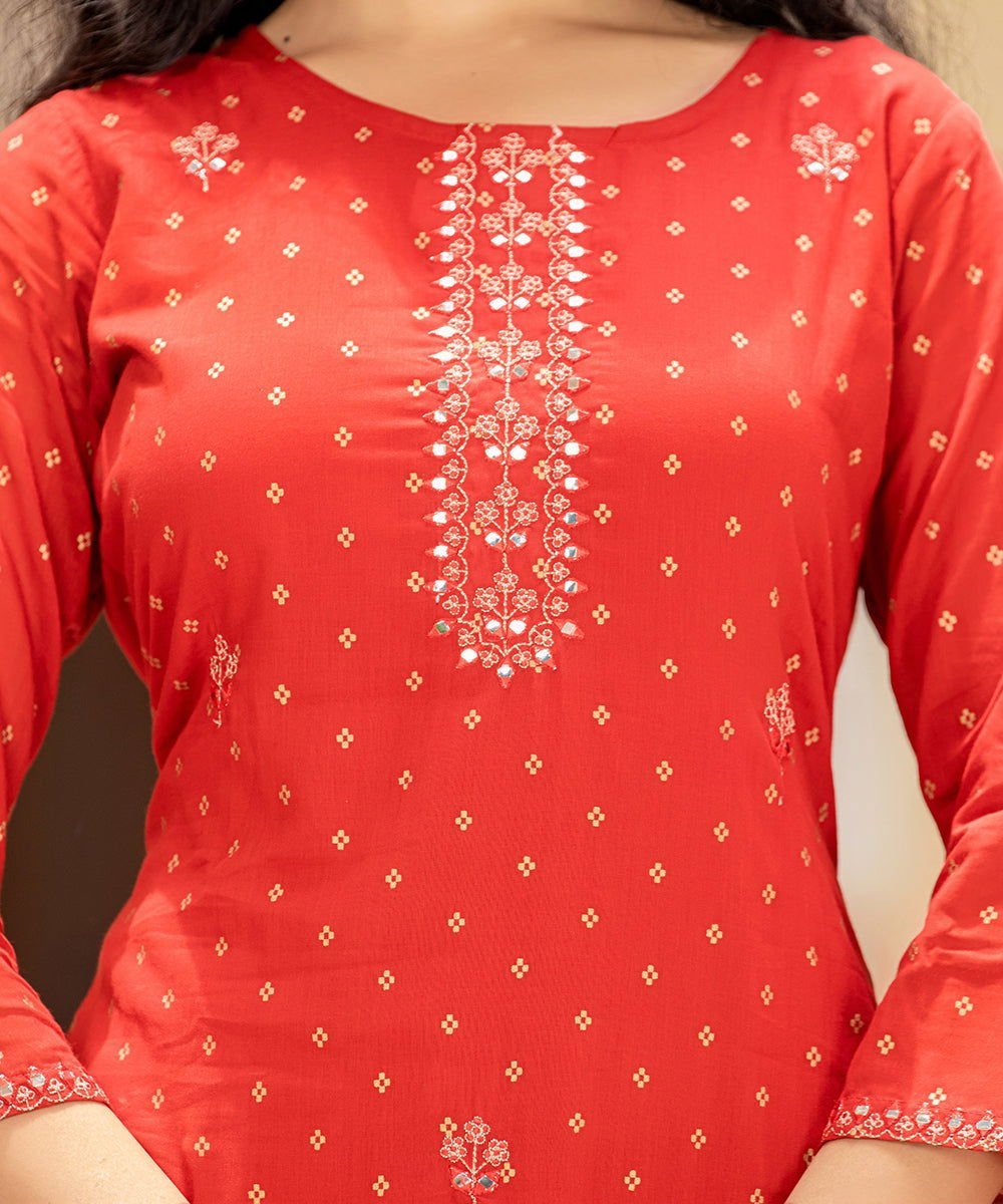 Red Gold Printed Cotton Kurta Sharara Set with Dupatta – Regal Elegance and Festive Charm - swadeshsouq.com