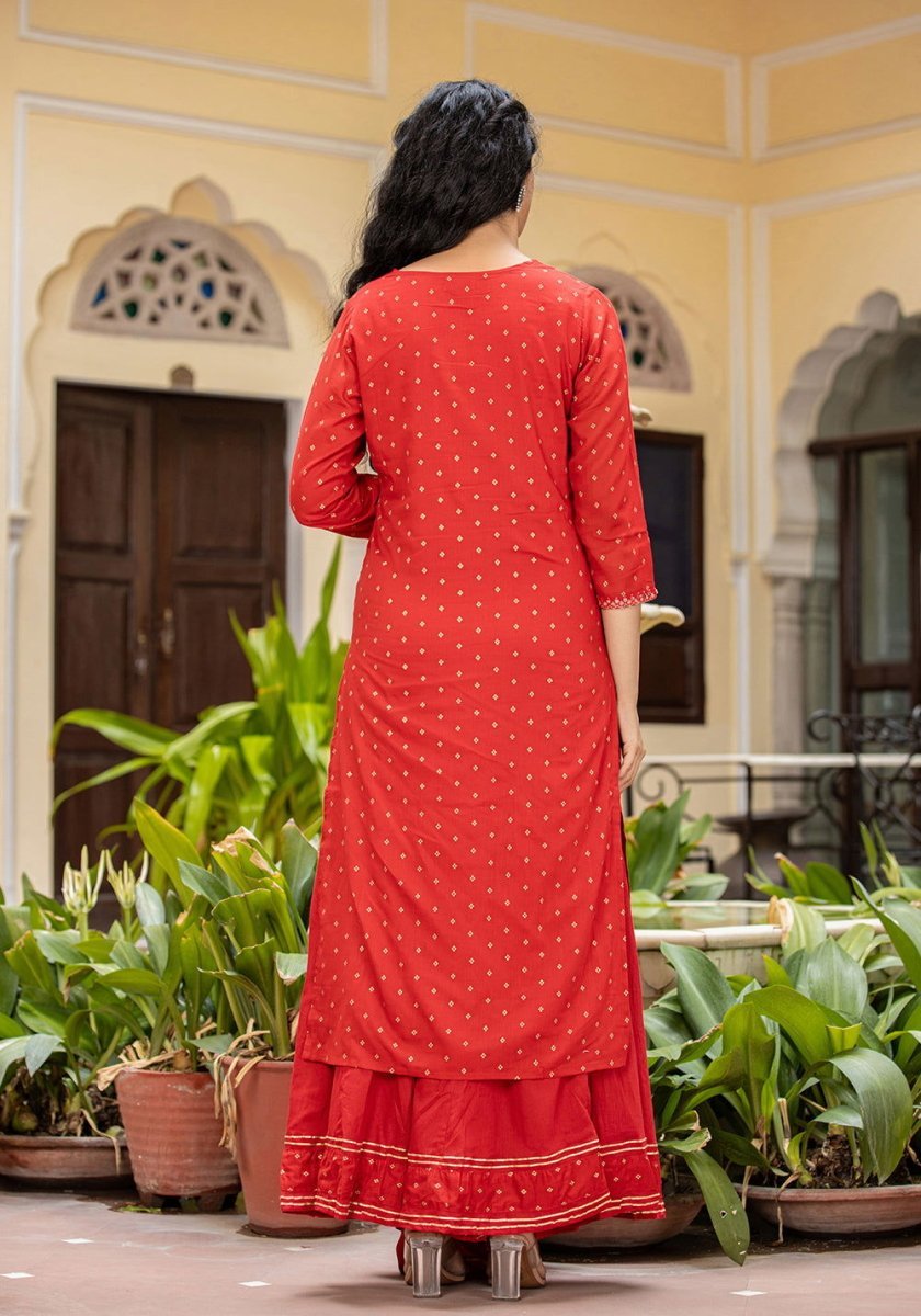 Red Gold Printed Cotton Kurta Sharara Set with Dupatta – Regal Elegance and Festive Charm - swadeshsouq.com