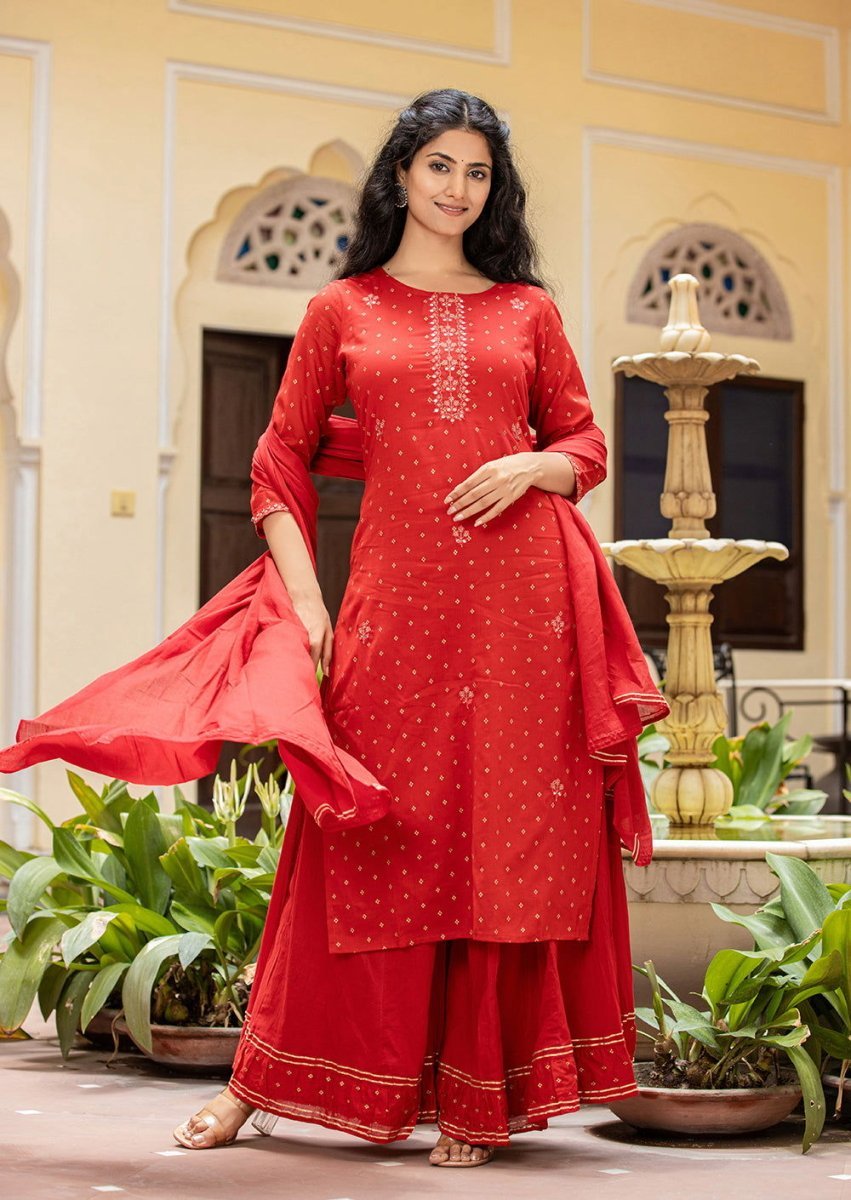 Red Gold Printed Cotton Kurta Sharara Set with Dupatta – Regal Elegance and Festive Charm - swadeshsouq.com