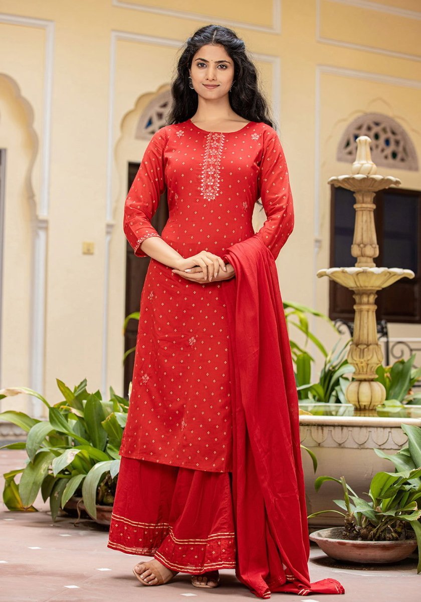 Red Gold Printed Cotton Kurta Sharara Set with Dupatta – Regal Elegance and Festive Charm - swadeshsouq.com