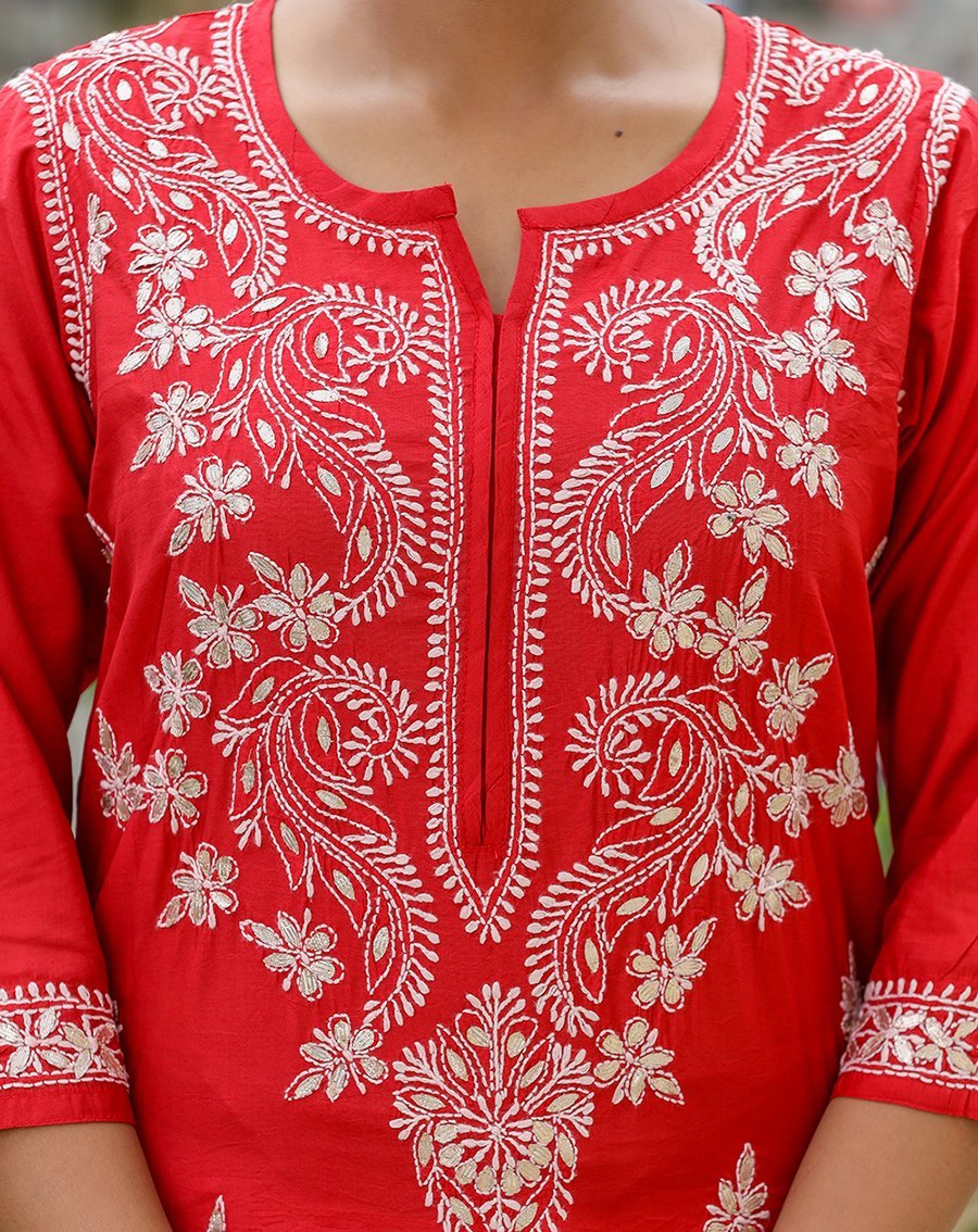 Red Lucknowi Chikankari Kurta Pant Set - swadeshsouq.com