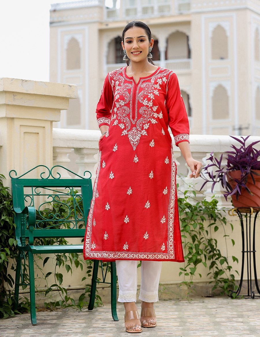 Red Lucknowi Chikankari Kurta Pant Set - swadeshsouq.com