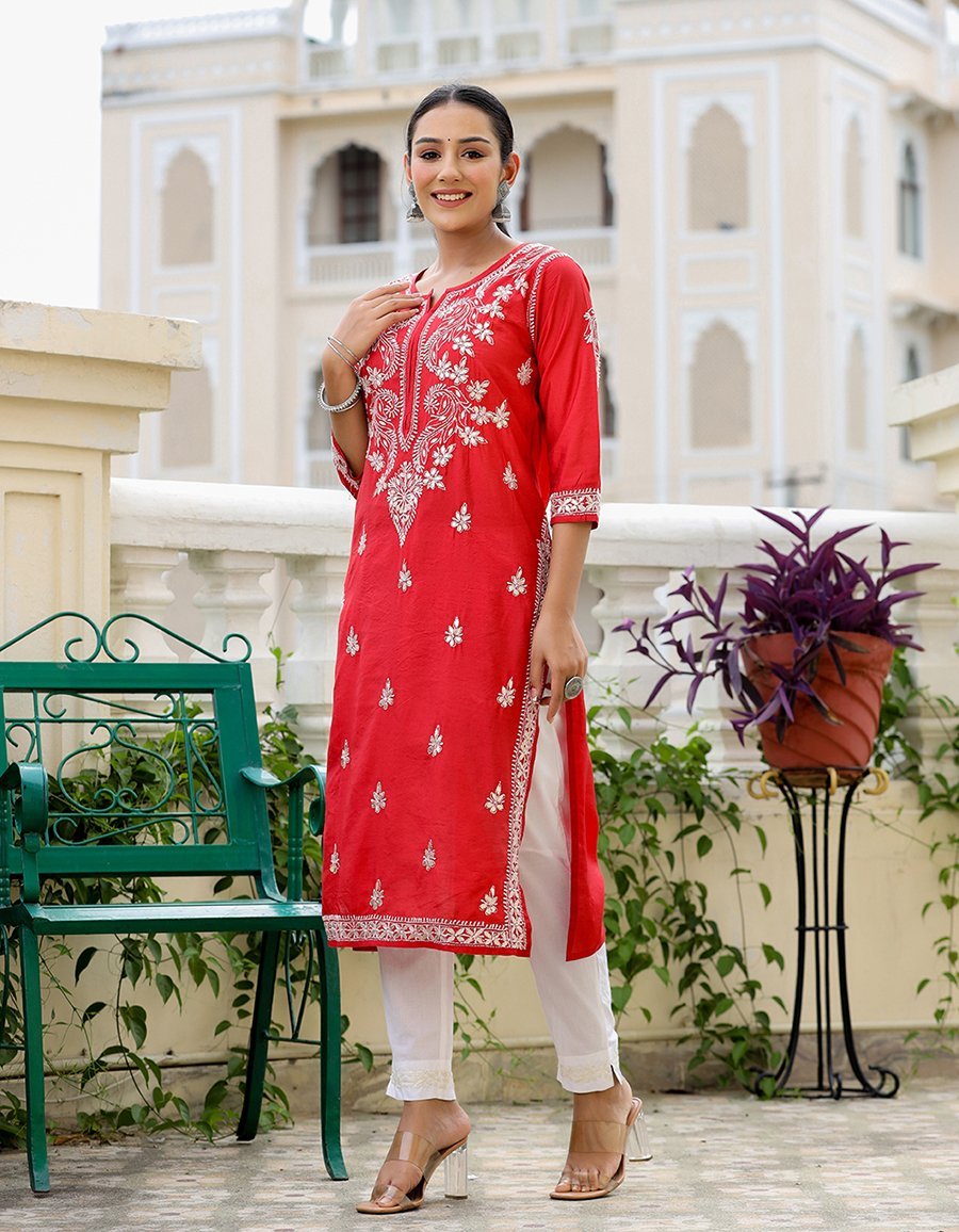 Red Lucknowi Chikankari Kurta Pant Set - swadeshsouq.com