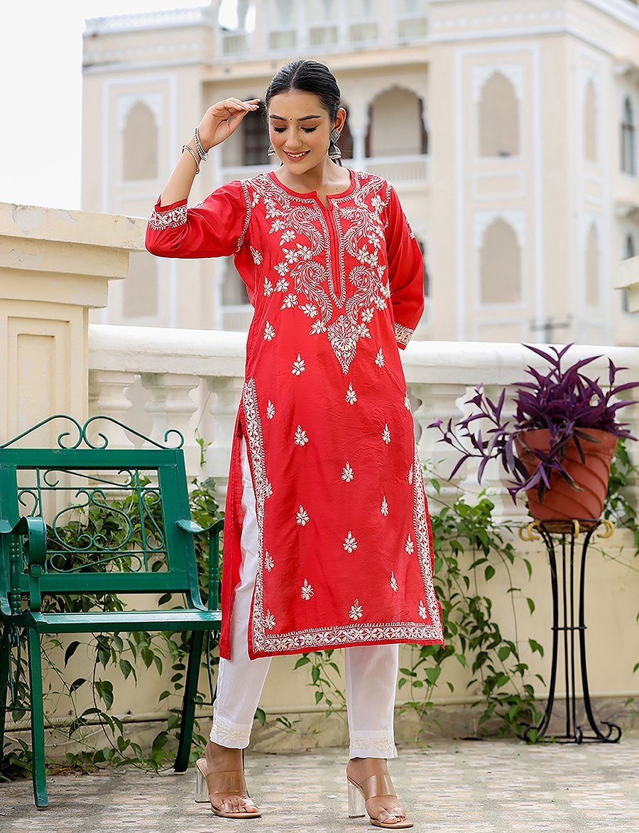 Red Lucknowi Chikankari Kurta Pant Set - swadeshsouq.com