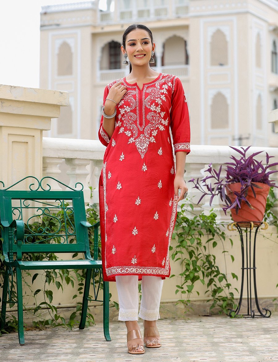 Red Lucknowi Chikankari Kurta Pant Set - swadeshsouq.com