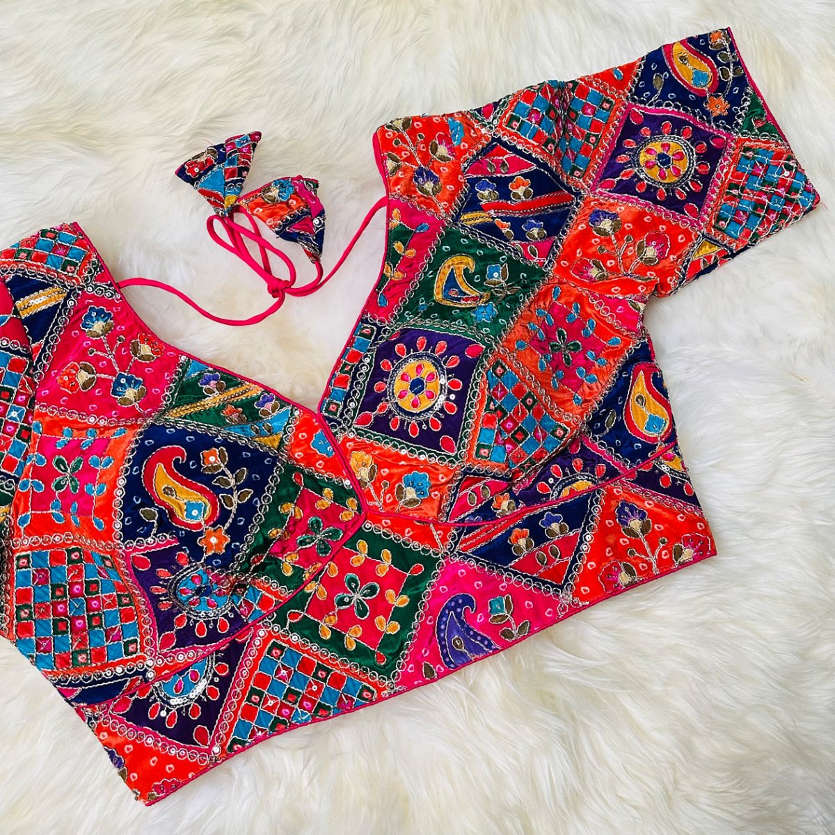 Red Pure Crepe Blouse with Multi - Coloured Embroidery & Mid - Length Sleeves (Size 32–40) - swadeshsouq.com