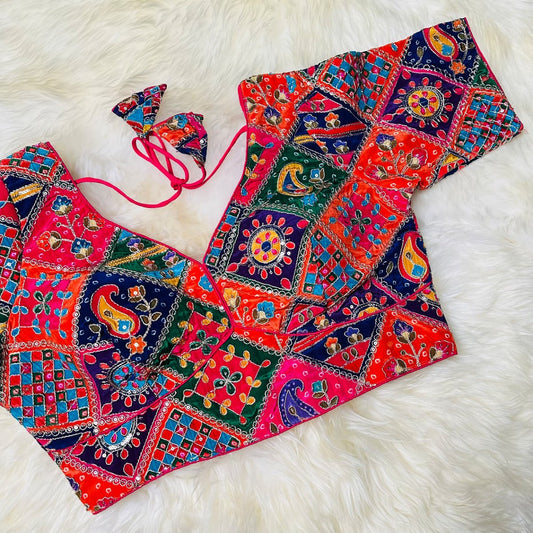 Red Pure Crepe Blouse with Multi - Coloured Embroidery & Mid - Length Sleeves (Size 32–40) - swadeshsouq.com