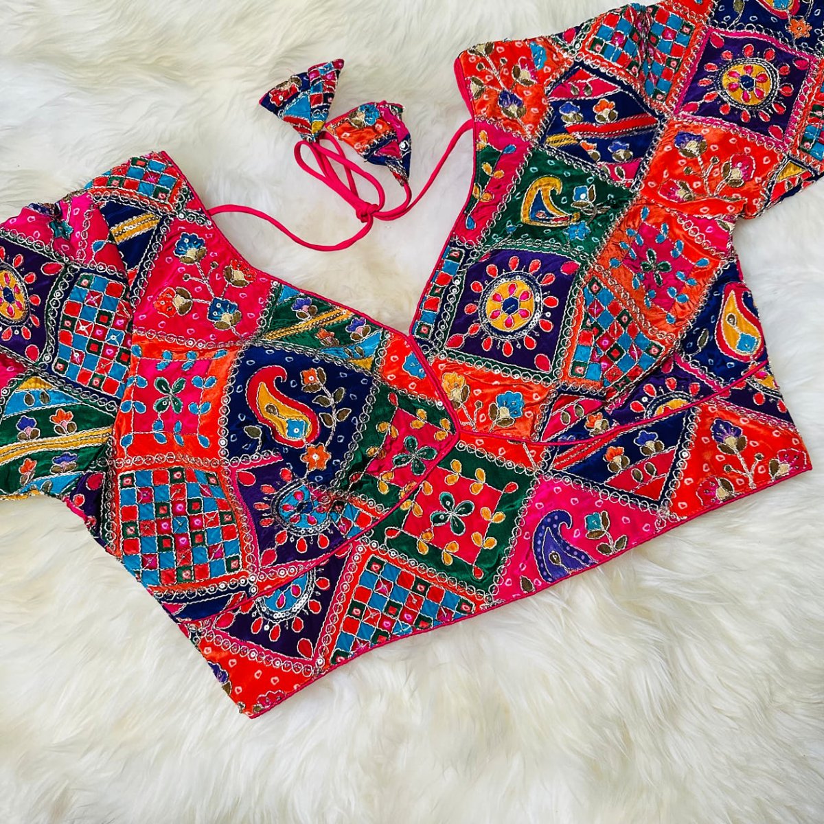 Red Pure Crepe Blouse with Multi - Coloured Embroidery & Mid - Length Sleeves (Size 32–40) - swadeshsouq.com