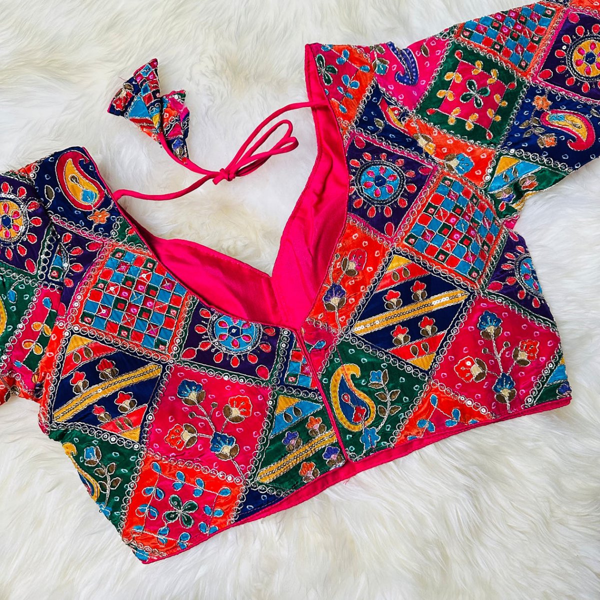 Red Pure Crepe Blouse with Multi - Coloured Embroidery & Mid - Length Sleeves (Size 32–40) - swadeshsouq.com