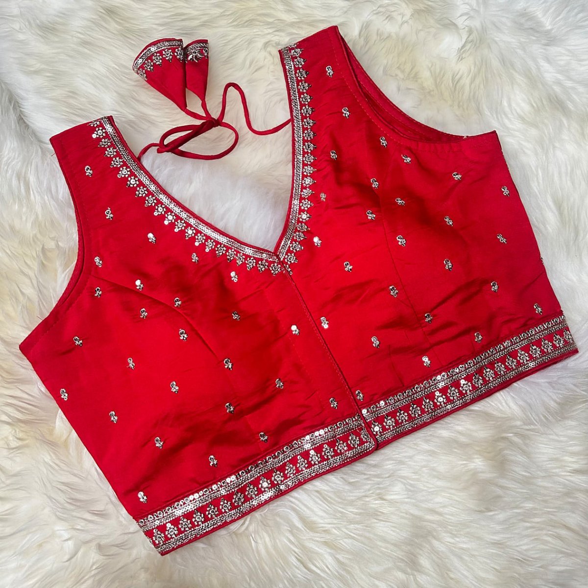 Red Silk Blouse with Exquisite Neck & Waist Embroidery and Designer Back (Size 32–40) - swadeshsouq.com