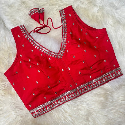 Red Silk Blouse with Exquisite Neck & Waist Embroidery and Designer Back (Size 32–40) - swadeshsouq.com