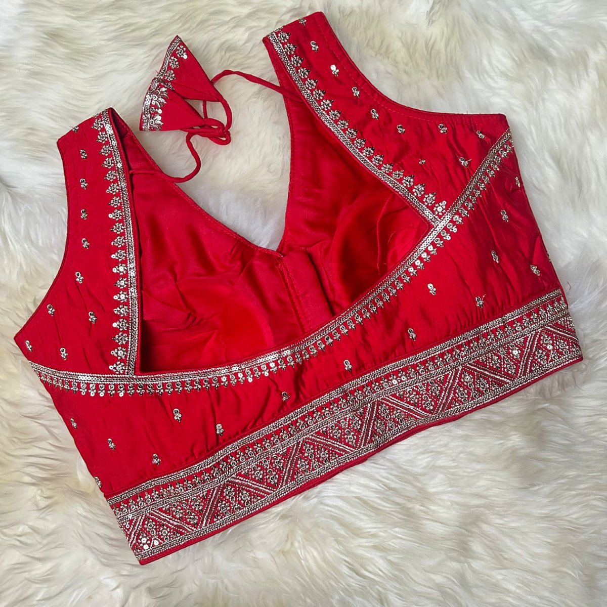 Red Silk Blouse with Exquisite Neck & Waist Embroidery and Designer Back (Size 32–40) - swadeshsouq.com
