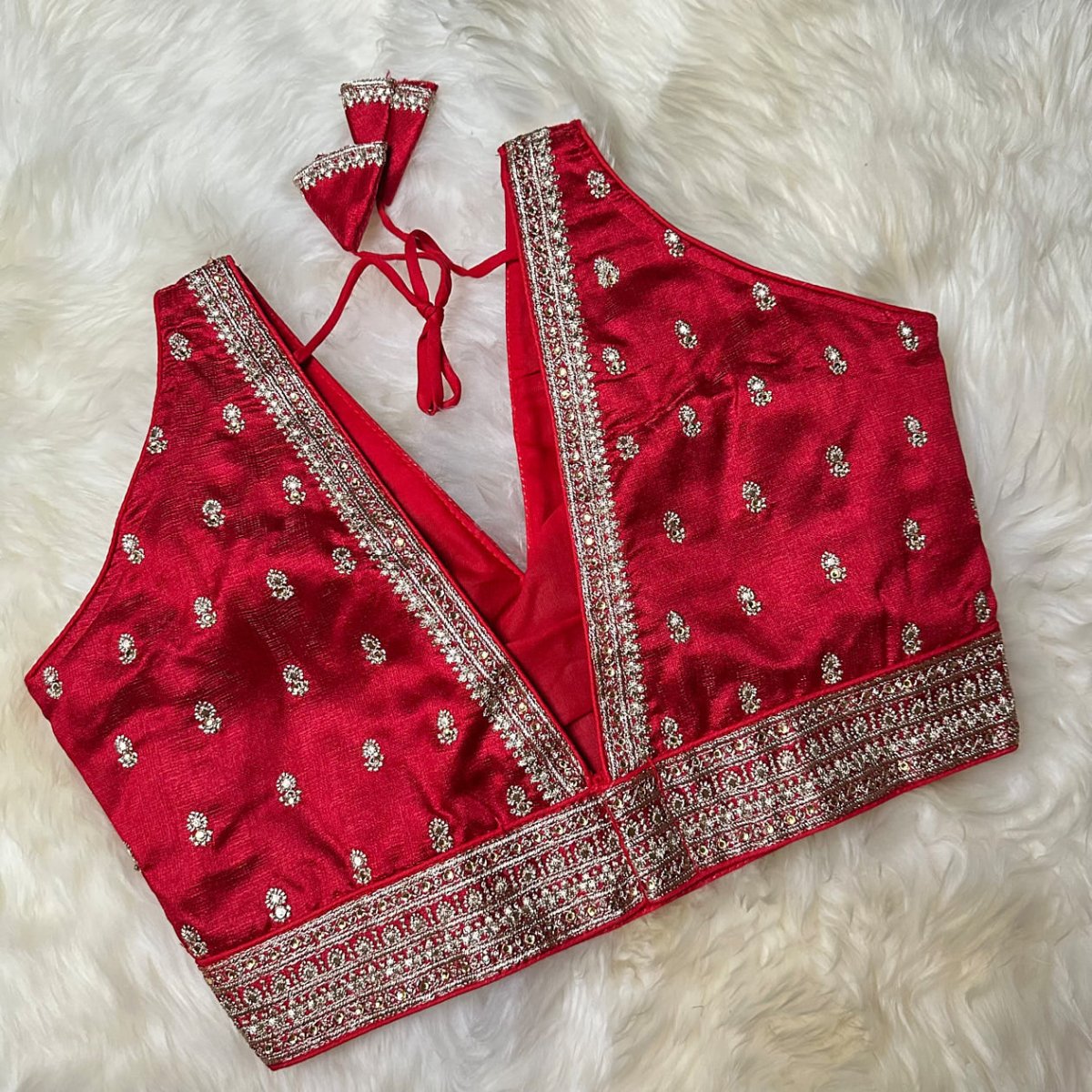 Red Silk Blouse with Intricate Embroidery & Stone Embellishments – Adjustable Fit (32 to 36) - swadeshsouq.com