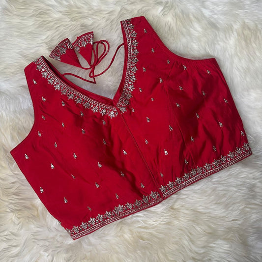 Red Silk Blouse with Sequins Embellishments, Triangle Back Neck & Waist Detailing (Size 32–40) - swadeshsouq.com