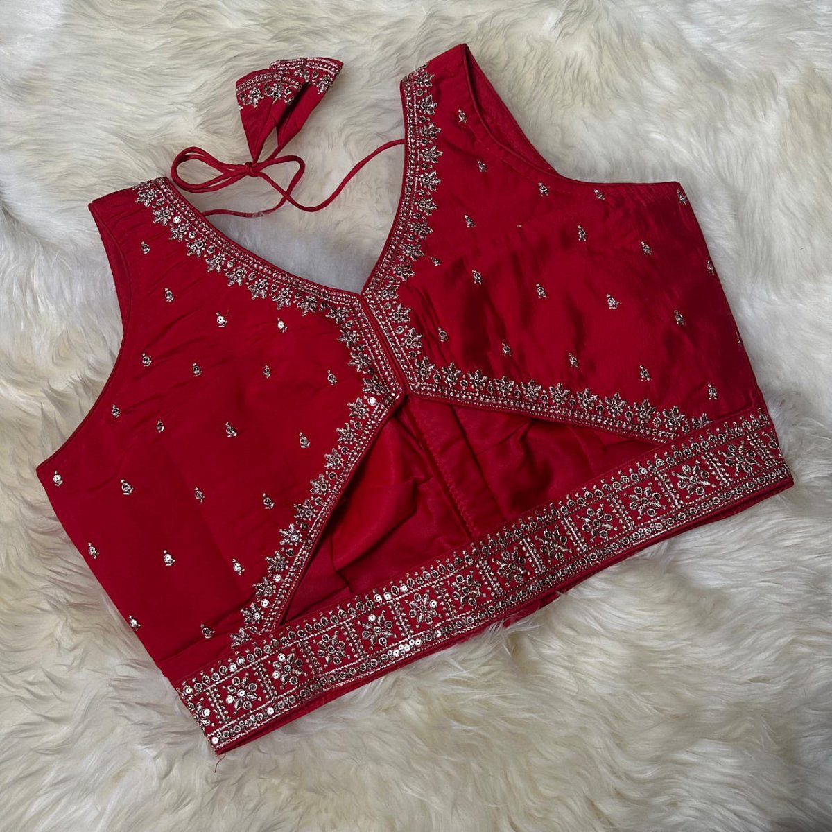 Red Silk Blouse with Sequins Embellishments, Triangle Back Neck & Waist Detailing (Size 32–40) - swadeshsouq.com