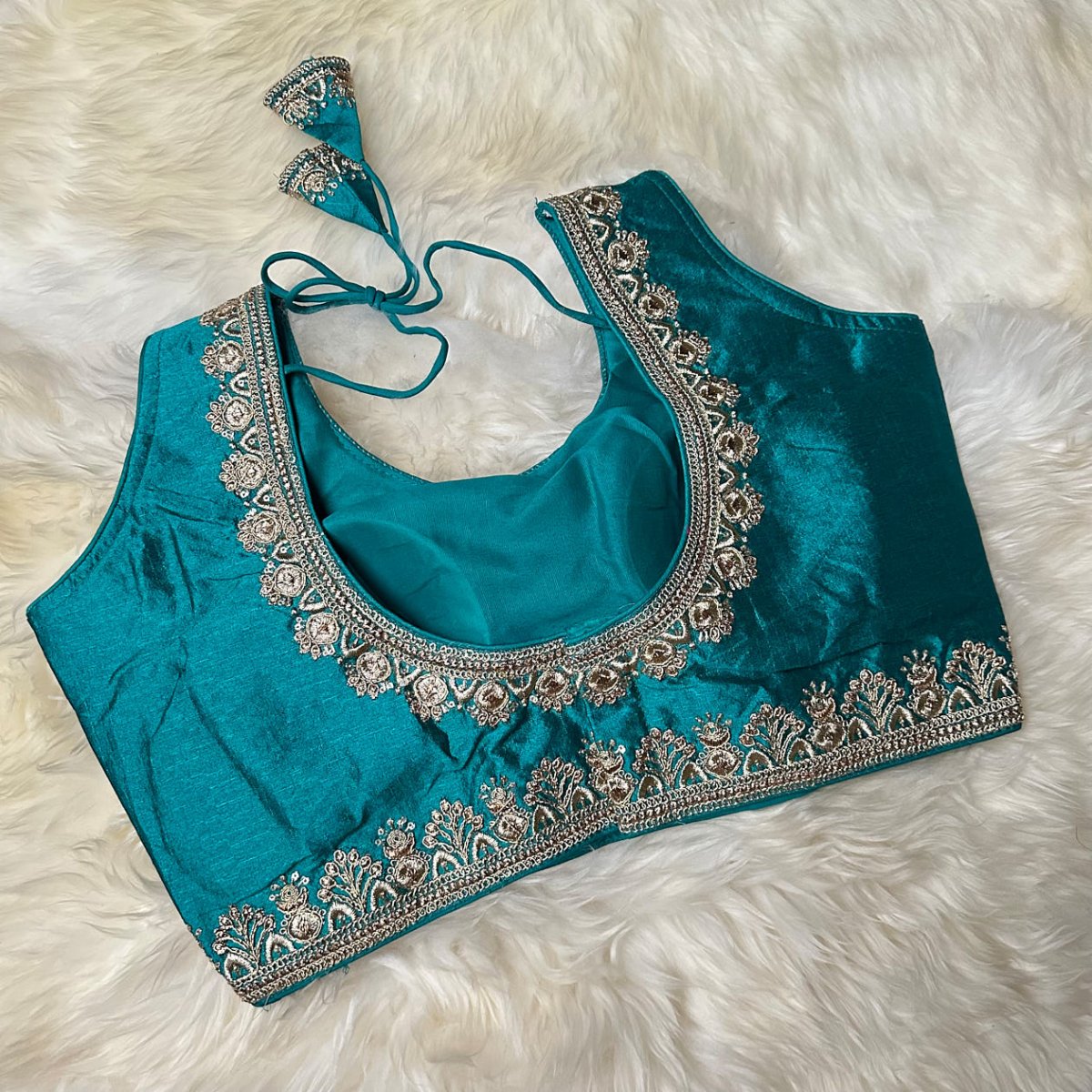Refreshing Turquoise Silk Blouse with Elegant Embroidery – Fits 32 to 38 - swadeshsouq.com