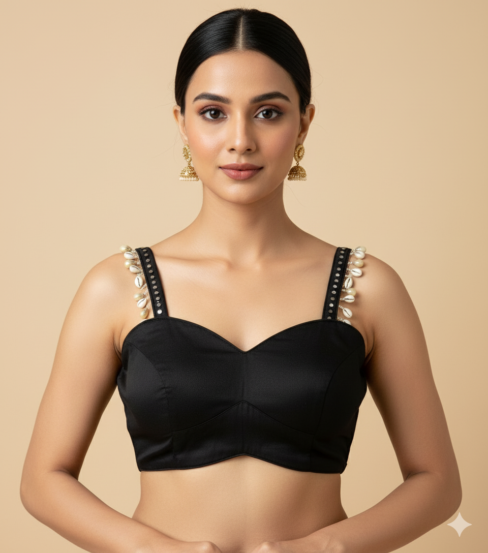 Black Cotton Sleeveless Blouse with Shell & Mirror Lace Straps | Revealing Back with Lacing (Fits 32–40)