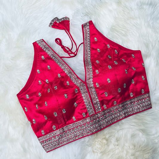 Rose Pink Silk Blouse with Exquisite Embroidery & Stone Embellishments – Adjustable Fit (32 to 36) - swadeshsouq.com