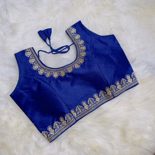 Royal Blue Blouse with Golden Embroidery - An Exquisite Festive Statement - swadeshsouq.com