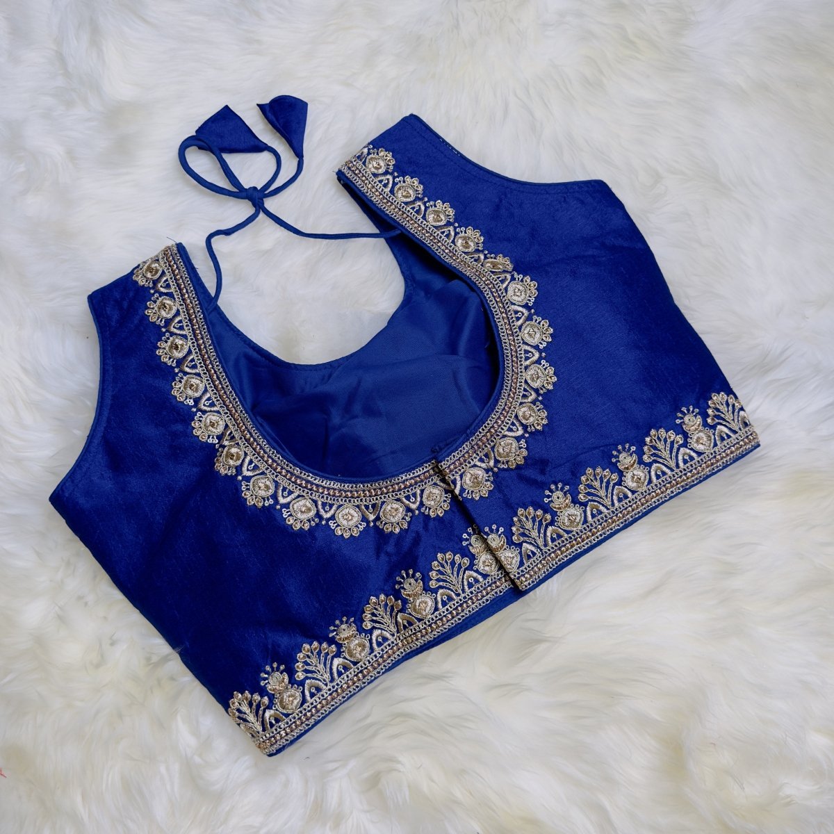 Royal Blue Blouse with Golden Embroidery - An Exquisite Festive Statement - swadeshsouq.com