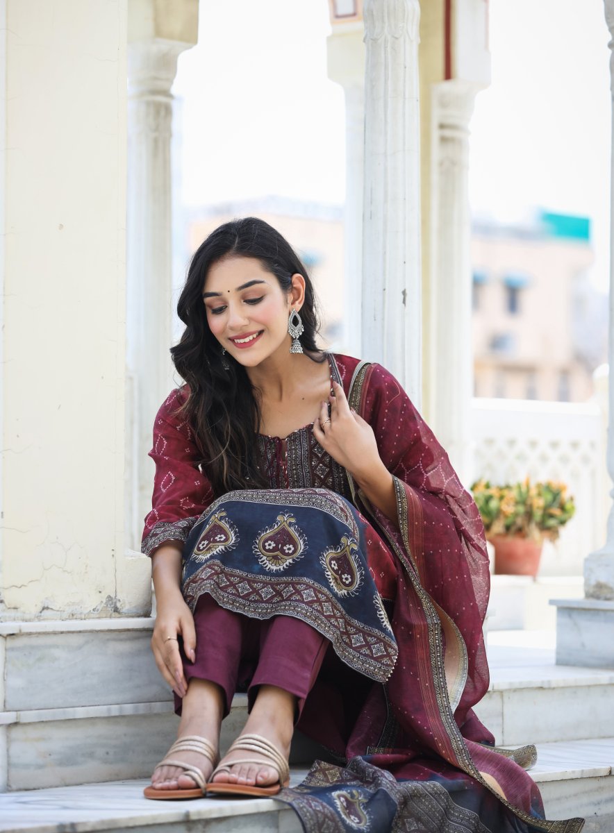 Royal Maroon Printed Chanderi Kurta Pant Set with Dupatta - swadeshsouq.com