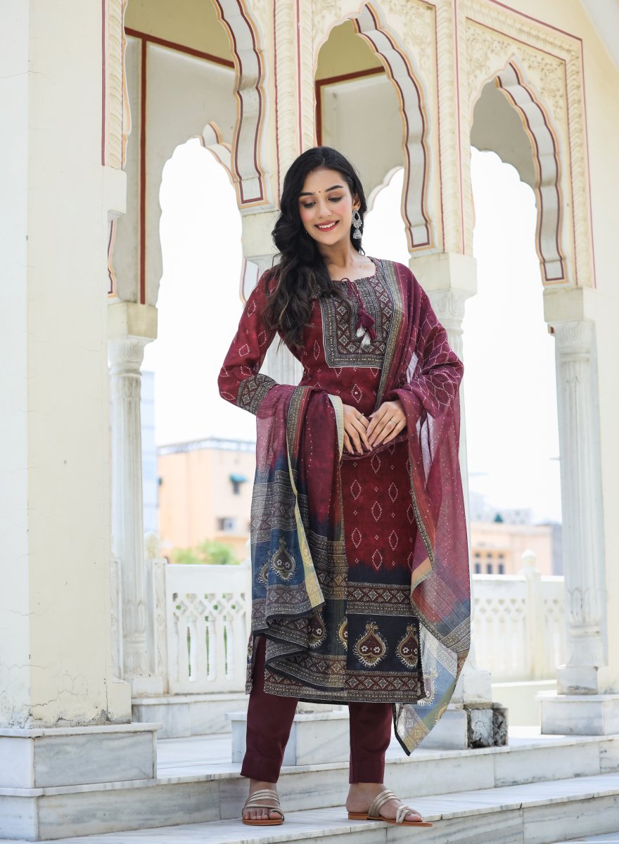 Royal Maroon Printed Chanderi Kurta Pant Set with Dupatta - swadeshsouq.com