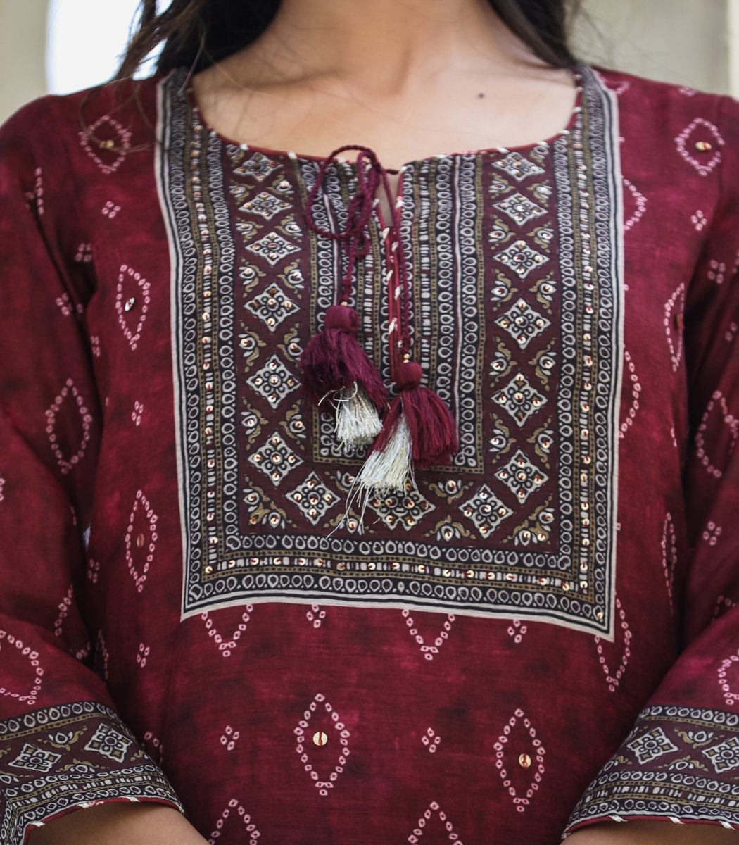 Royal Maroon Printed Chanderi Kurta Pant Set with Dupatta - swadeshsouq.com