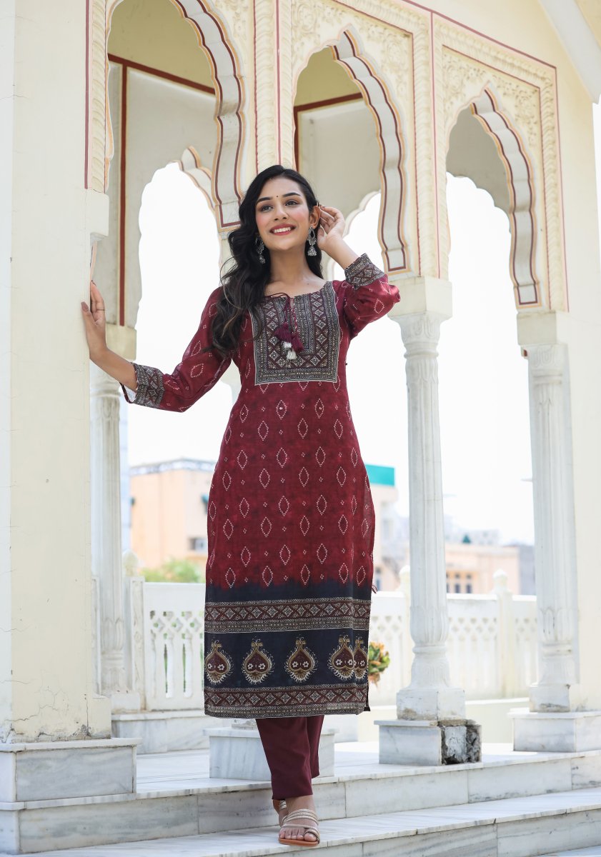 Royal Maroon Printed Chanderi Kurta Pant Set with Dupatta - swadeshsouq.com